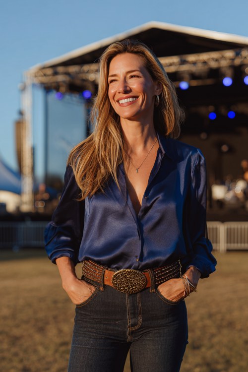 A woman over 30 wears straight-leg jeans with a silky navy blouse tucked in, paired with dark cowboy boots and a statement belt