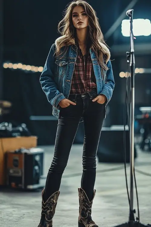 young woman in a denim jacket lined with shearling, a flannel shirt, black skinny jeans