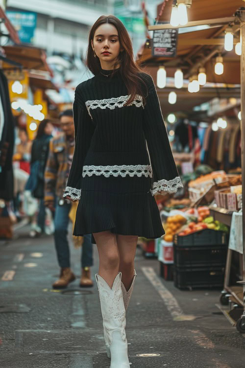 a woman wears black sweater dress and white cowboy boots in the market