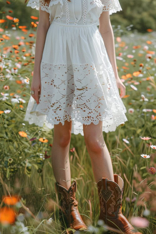 A woman wears brown cowboy boots with an eyelet white dress (2)