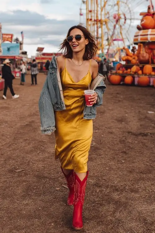 A woman over 30 wears a mustard yellow slip dress with a cropped denim jacket and bright red cowboy boots, holding a drink