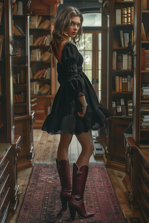 A woman wears brown cowboy boots with a black sheer baby doll dress