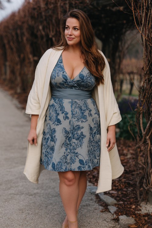 A curvy woman over 50 wears a slate blue fit-and-flare dress with velvet floral overlay and bell sleeves