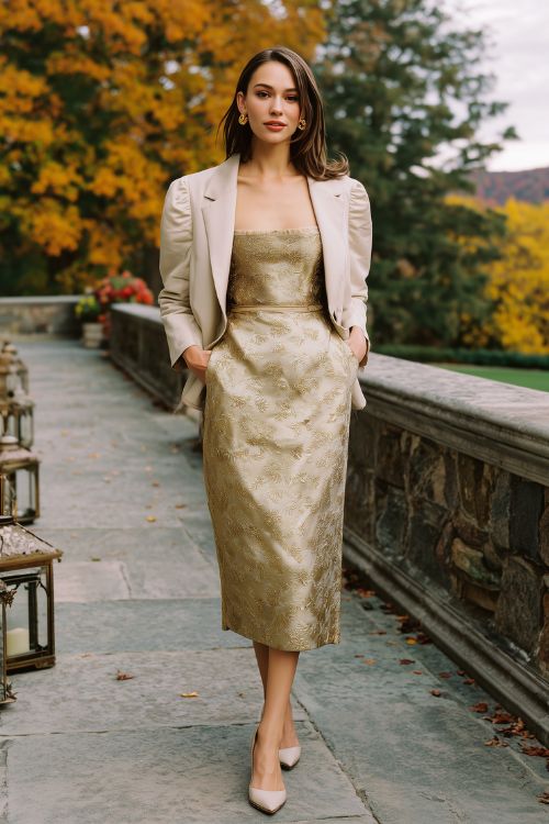 A woman wears a soft brocade gown with a cream jacket and matching pumps