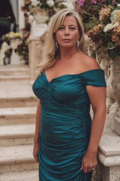 A plus-size woman over 50 wearing a dark teal off-shoulder dress with ruching and silver earrings, posing on the steps of a luxury wedding venue with floral arrangements