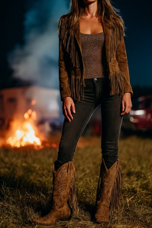 A woman wears a fringe suede jacket over a sparkly tank top and black jeans, styled with pointed-toe cowboy boots, standing near a bonfire at a nighttime country festival