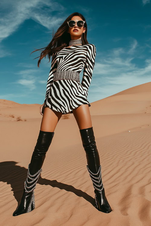 A trendy woman in a bold zebra print mini dress with black boots and a chunky silver belt, posing under soft desert lighting