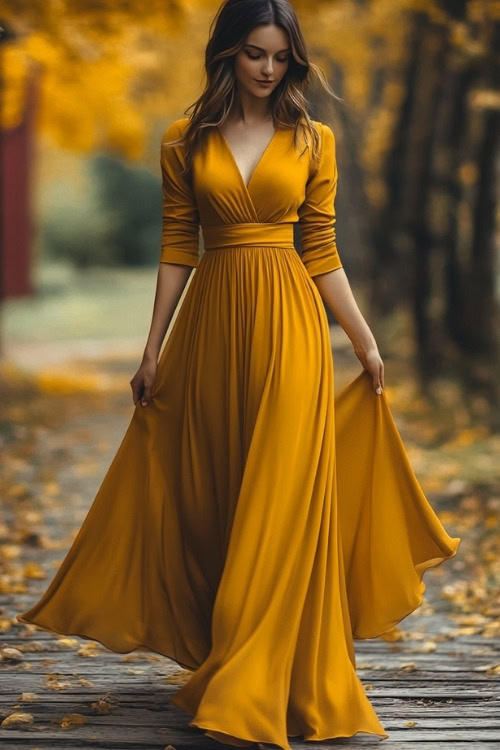 a woman wears a long yellow wedding guest dress with long sleeves