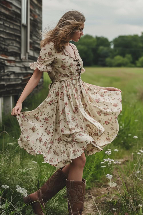 A woman wears flowy floral dress with brown cowboy boots