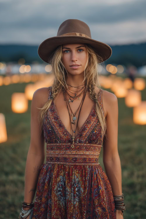 A woman wears a bohemian maxi dress with a wide-brim felt hat, styled with suede western boots and layered necklaces, standing in a concert field glowing with lanterns at dusk