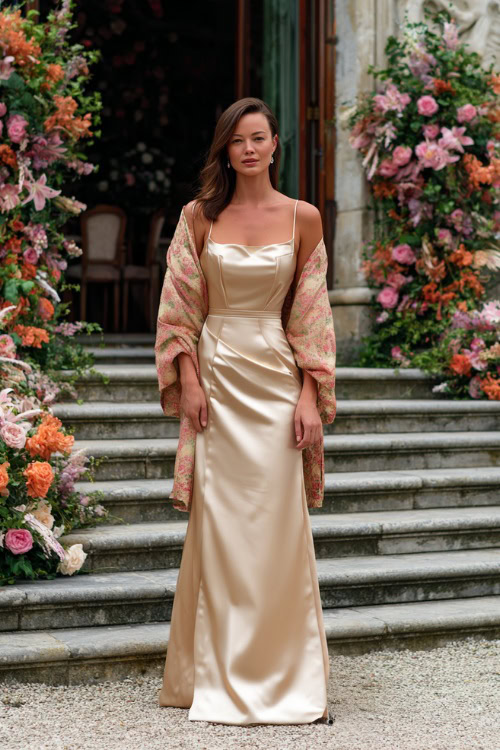 A woman wearing a champagne satin formal gown with a square neckline and matching shawl, standing in front of an ornate wedding venue with floral steps