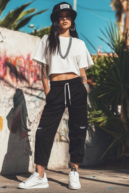 A confident woman in a boxy cropped tee with logo joggers and high-top sneakers, accessorized with a bucket hat and layered silver chains