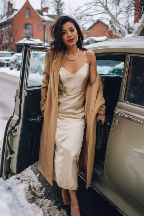 A woman in her 40s wears a champagne silk dress with a long tan coat and pearl necklace