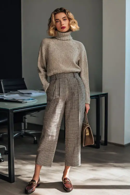 Woman in a knit turtleneck sweater tucked into high-waisted plaid trousers, loafers, and a structured handbag, posing confidently in front of a minimalist office desk