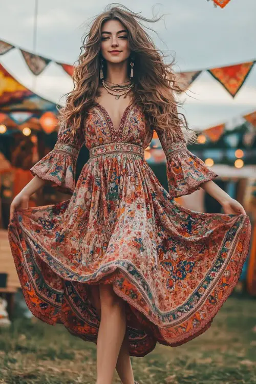 A boho-chic woman in a flutter-sleeve midi dress with bohemian floral embroidery, paired with platform espadrilles and a braided belt