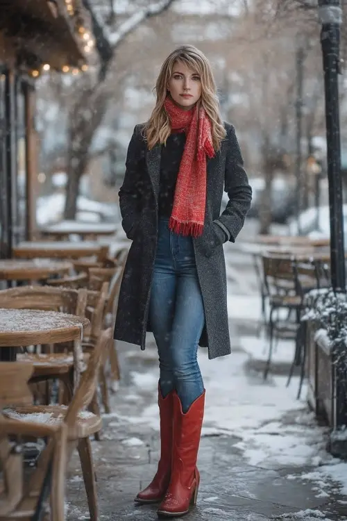 Woman wearing a dark wool coat layered with a warm scarf, jeans, and red cowboy boots, standing by a cafeÃÂ patio surrounded by snowy trees
