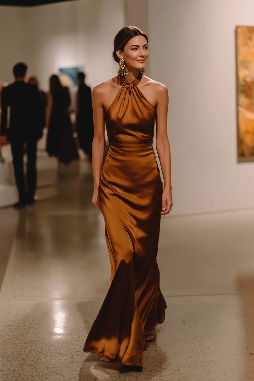 A woman wears a bronze satin gown with a high halter neckline and open back, paired with sculptural earrings