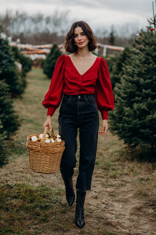 A woman wears high-waisted jeans with a red puff-sleeve blouse and pointed black cowboy boots