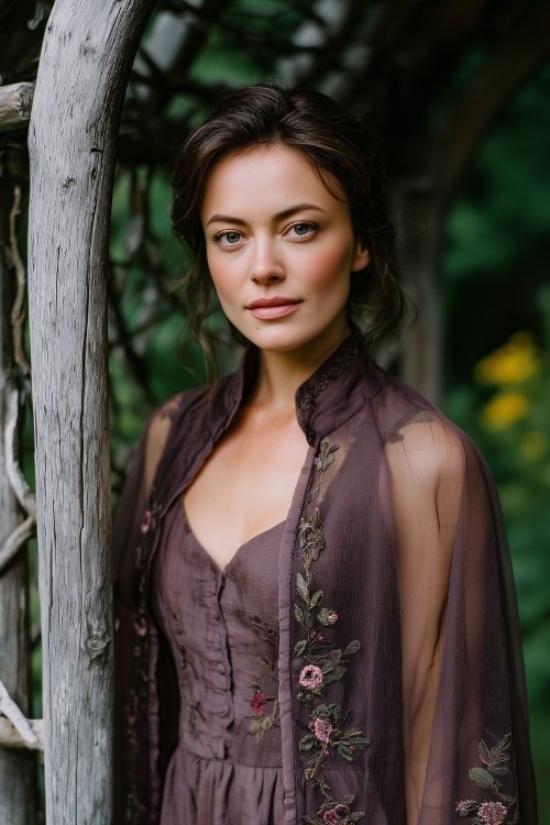 A petite woman in a dark mauve dress with a sheer cape-like overlay and embroidered flowers along the hem (2)