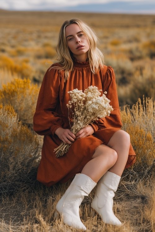 A woman in a rust-colored eyelet dress with a high neckline and white stitched boots
