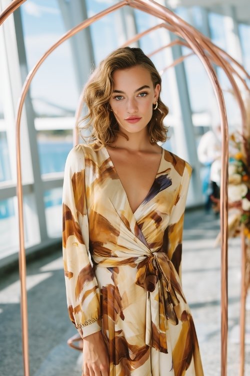 A petite woman in a caramel-colored satin tea dress with abstract brushstroke print and a bias-cut silhouette