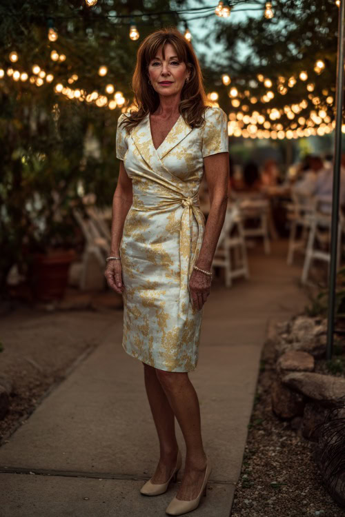 A woman over 50 wearing a white and gold jacquard cocktail dress with short sleeves and classic pumps, posing under string lights at a garden party reception