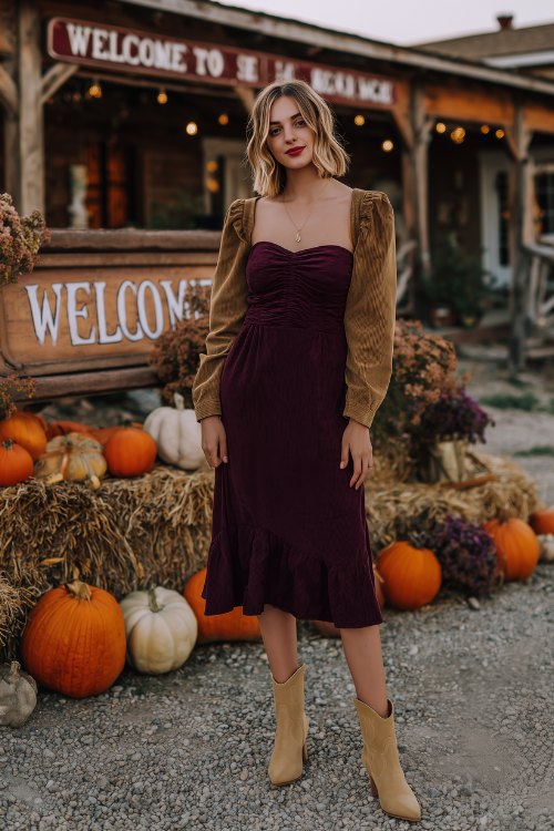 A woman in a deep burgundy midi dress with puff sleeves and a sweetheart neckline, layered with a cropped suede jacket, paired with snip-toe tan cowboy boots