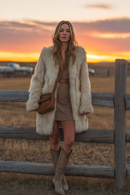 A woman wears a faux fur-trimmed coat over a mini dress, with knee-high cowboy boots and a crossbody leather bag, standing in front of a wooden fence at sunset