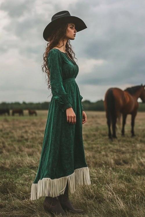 a woman wears a green long-sleeve dress with a fringe hem and black cowboy boots