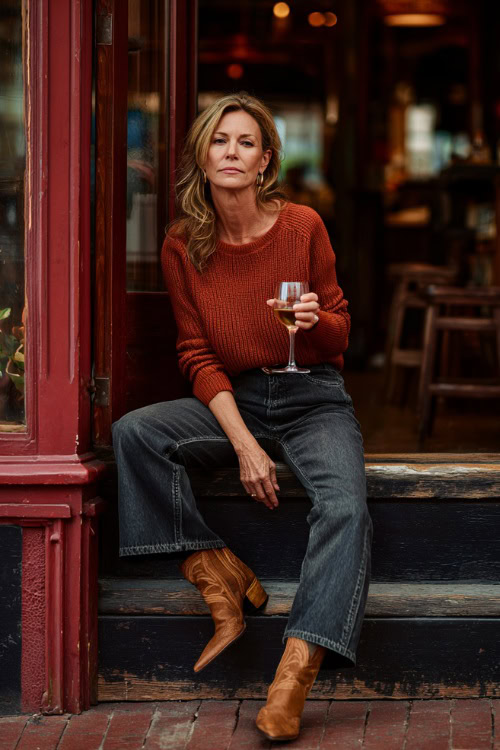 A woman over 40 wearing dark wash bootcut jeans, a rust-colored knit sweater, and heeled boots, holding a glass of wine outside a casual fall pub