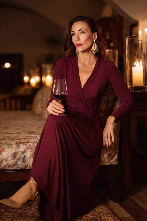 A woman over 40 in a deep wine-colored wrap maxi dress with long sleeves, paired with gold heels and statement earrings