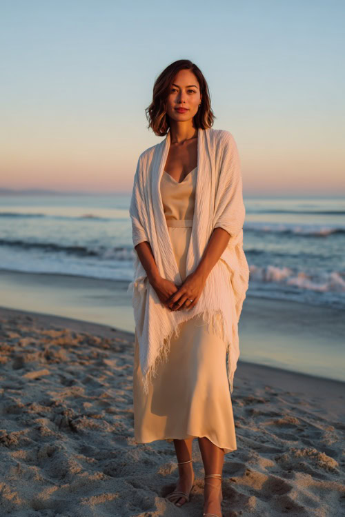 A woman wears a light champagne slip dress layered with a soft white shawl, styled with flat strappy sandals, standing on the sand at sunset during a November beach ceremony
