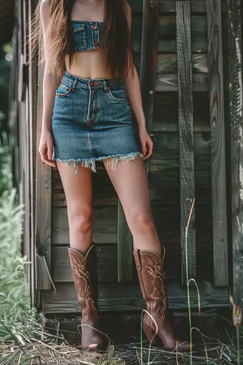 A woman wears brown cowboy boots with a denim skirt and a denim crop top