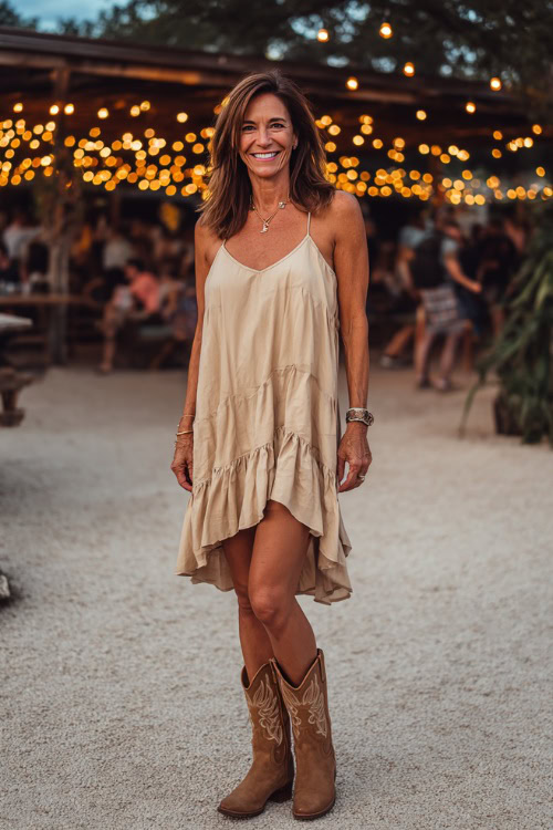 A woman over 40 in a ruffled high-low dress, classic tan cowboy boots, and subtle jewelry, standing casually at a summer concert venue with string lights and a relaxed atmosphere
