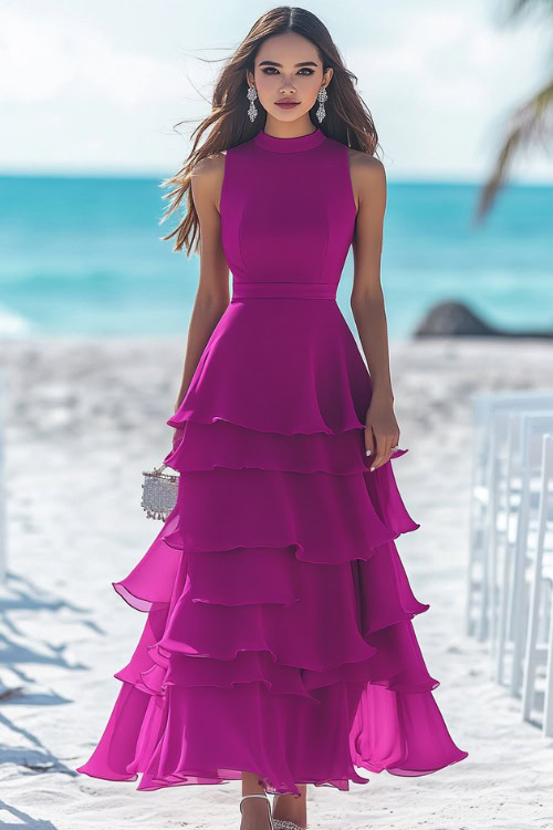 A stylish woman in a rich magenta tiered midi dress with cap sleeves and a flared skirt, accessorized with silver strappy heels and a matching clutch