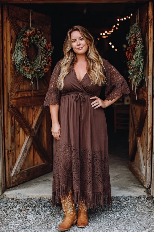 A curvy woman in a chocolate brown boho maxi dress with lace panels and bell sleeves, paired with tan cowboy boots
