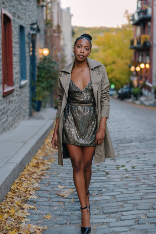 A Black woman in a metallic mini dress with an oversized trench coat and high heels, posing on a cobblestone street lined with fall leaves, full body outfit visible