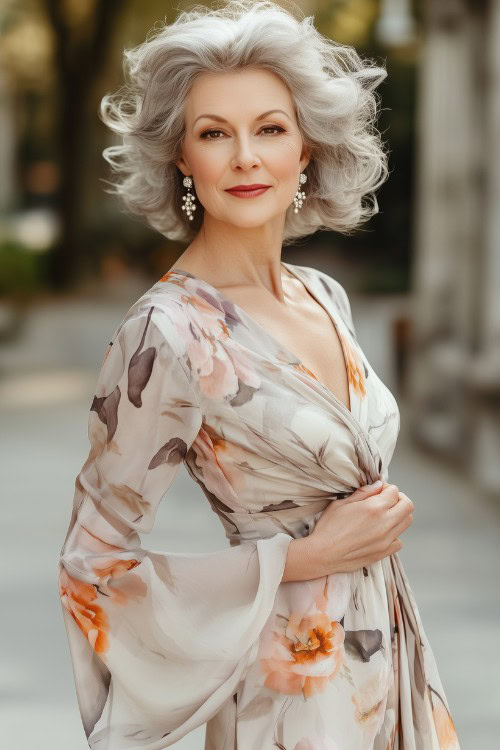 a woman over 50 wears a floral wedding guest dress for summer
