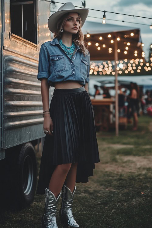 A stylish woman rocking silver cowboy boots with a pleated black midi skirt, a cropped denim shirt tied at the waist, and a statement turquoise necklace