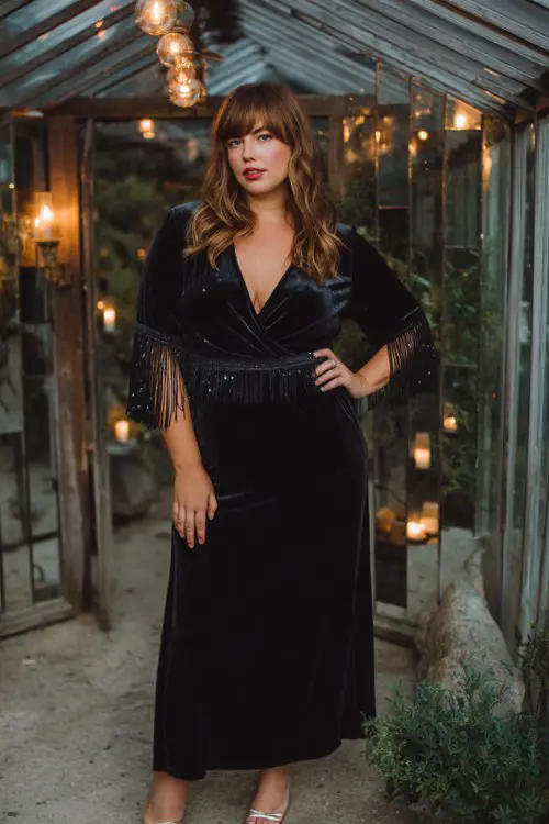 A plus-size woman wears a midnight-navy velvet fit-and-flare with sheer beaded bell sleeves and a fringe waist belt