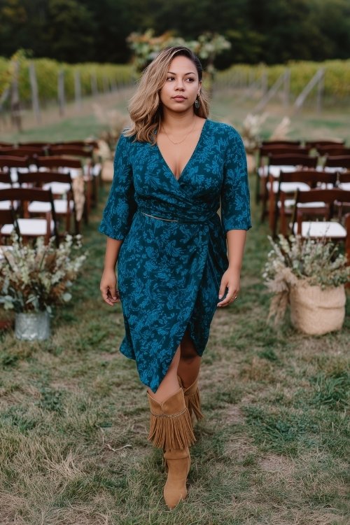 A curvy woman wears a dark teal wrap dress with a subtle floral pattern and fringe suede boots