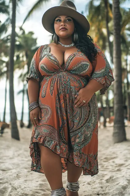 A stylish plus-size festival-goer in a paisley print wrap dress with ruffle trim and ankle boots, layered with silver bangles and a felt hat