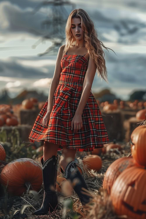 a woman wears a red checkered dress and black cowboy boots