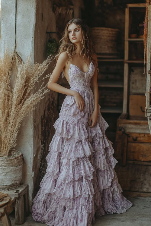A woman in a lavender midi-length floral print dress with tiered layers and a sweetheart neckline, posing near a rustic wedding venue with neutral-toned decor