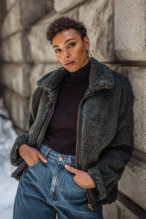 Black woman wearing a shearling jacket, high-waisted jeans, turtleneck, and hoop earrings, leaning against a stone wall in a downtown winter scene