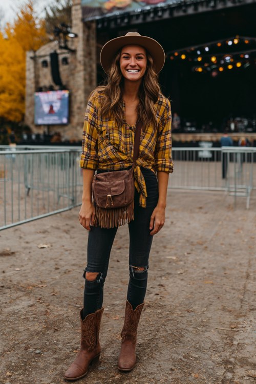 A woman wears distressed skinny jeans with a mustard plaid flannel tied at the waist, styled with brown cowboy boots and a fringe crossbody bag