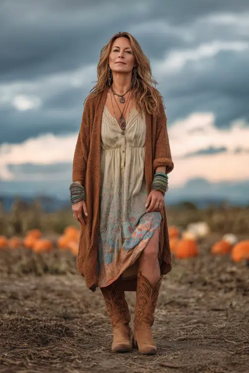 A woman over 50 wears a bohemian maxi dress with a long wool cardigan, paired with suede cowboy boots and layered jewelry, standing in a field of pumpkins at a country concert