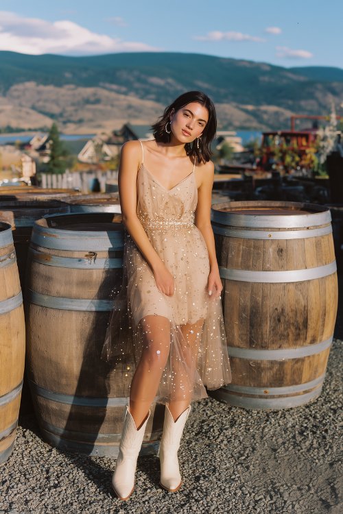 A petite woman in a champagne-colored slip dress with scattered sequins and a sheer tulle overlay, styled with pointed cream cowboy boots