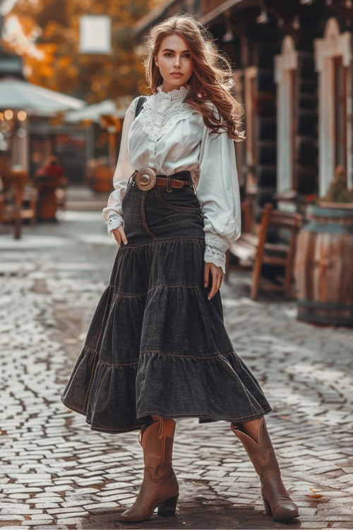 A woman wears brown cowboy boots with a long black denim skirt and a blouse