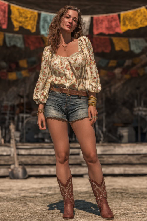 A woman in rolled-up denim shorts, a tucked-in floral blouse with puff sleeves, and brown ankle cowboy boots
